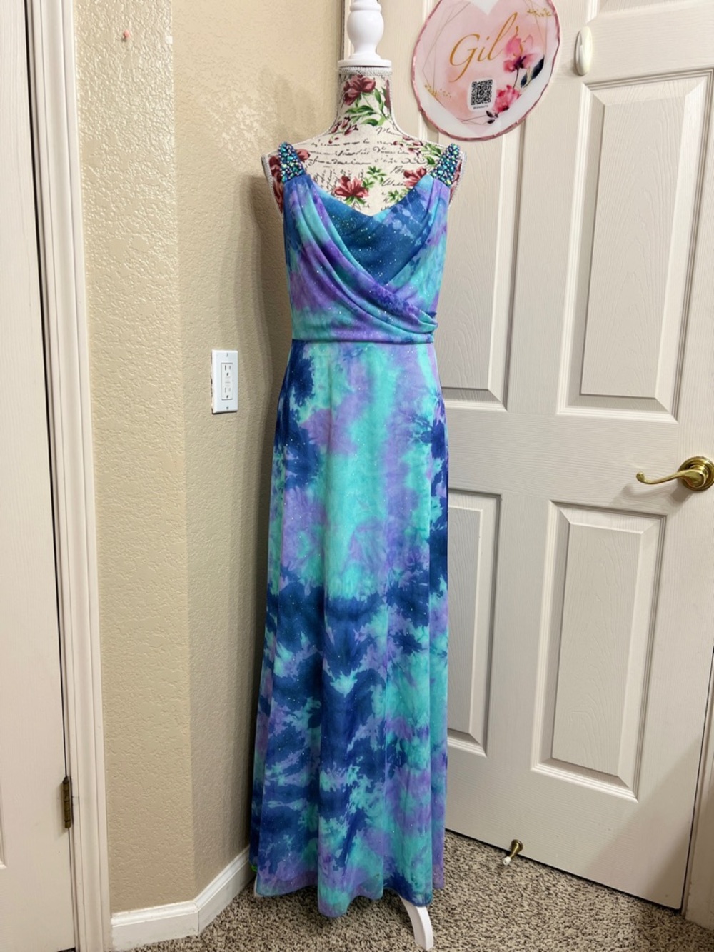 Reign Aqua & Purple Tie-Dye Maxi Dress with Beaded Straps